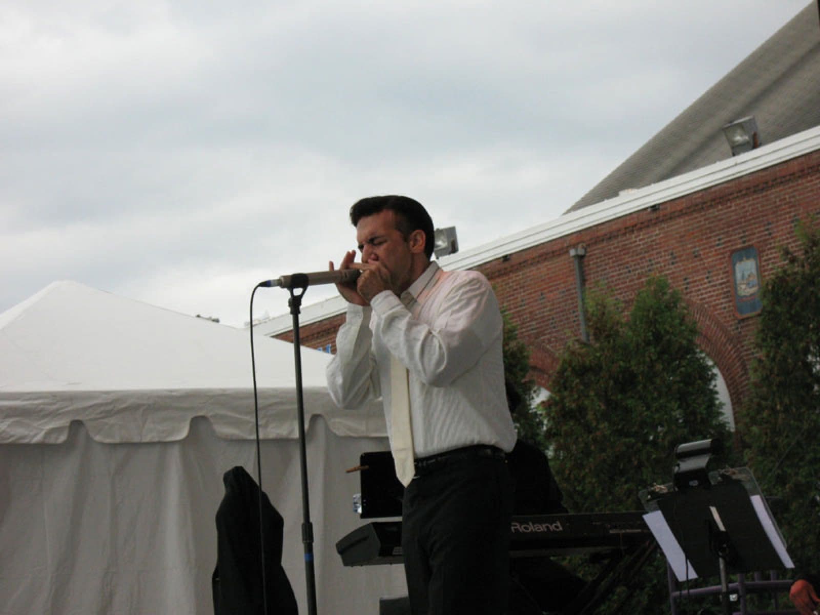 Chaz Esposito playing harmonica at the microphone on an outdoor stage